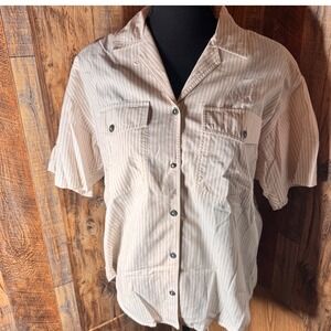 Lizsport Womens Button Up Short Sleeve‎ Shirt Striped Collared Beige Casual Top